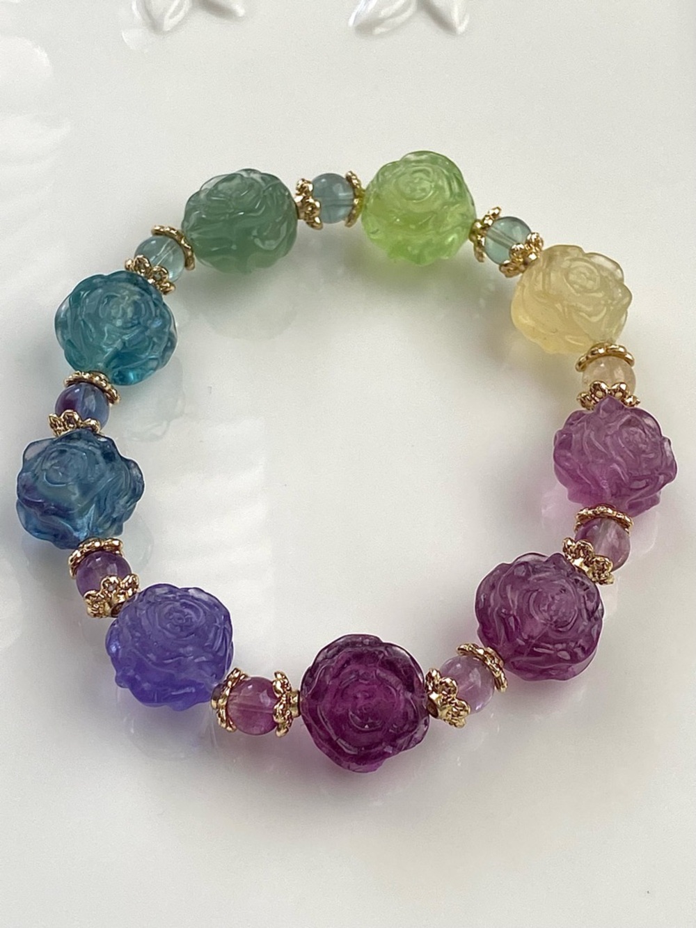 B165-Handmade Multicolor Carved Fluorite Flower Stretchable Bracelet - Picture 2 of 8